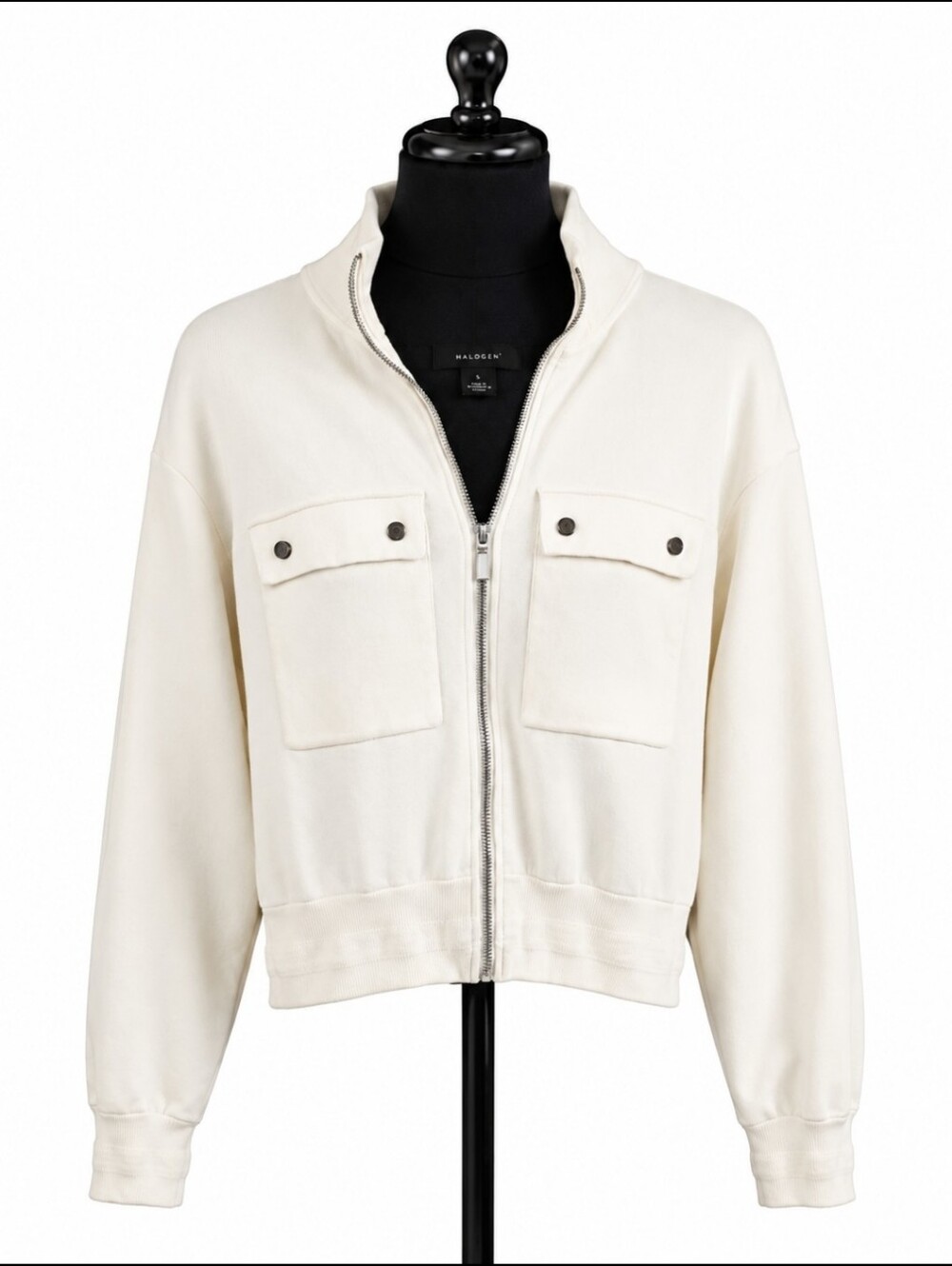 Halogen Womens M Ivory Full Zip Knit Jacket Mock Neck Utility Pocket Cropped Bom